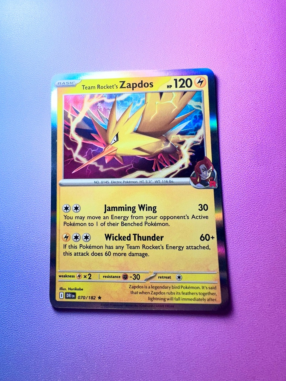 team rocket’s zapdos - 070/182 (holo rare) — pokemon: destined rivals